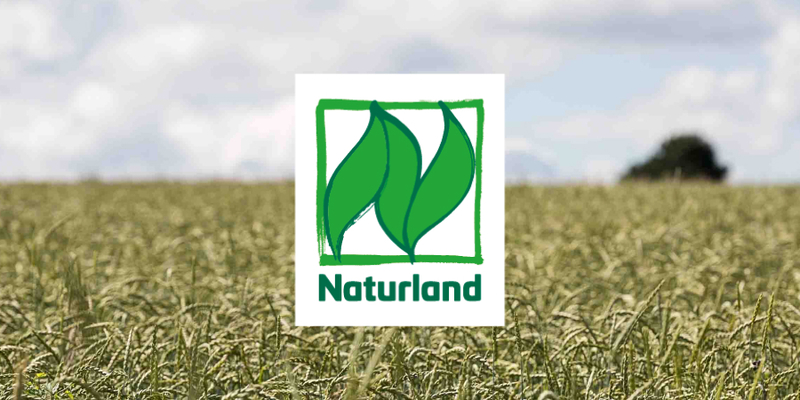 Das Naturland-Logo vor dem Hintergrund eines Getreidefeldes. 